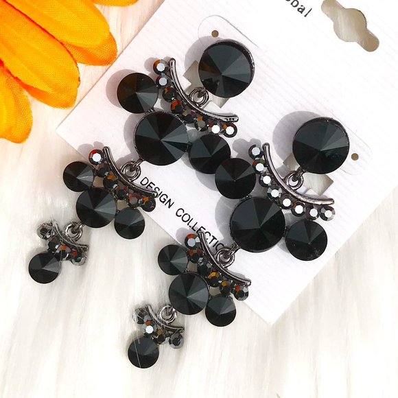 Long Asian Black Jeweled Rhinestone Earrings Post Drop Dangle Runway Pageant NWT - Picture 1 of 4
